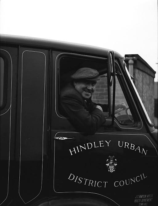 Hindley UDC Refuse Wagon & Driver - about 1970