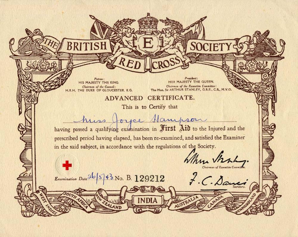26 May 1943 British Red Cross First Aid to the Injured Advanced certificate of Joyce Hampson