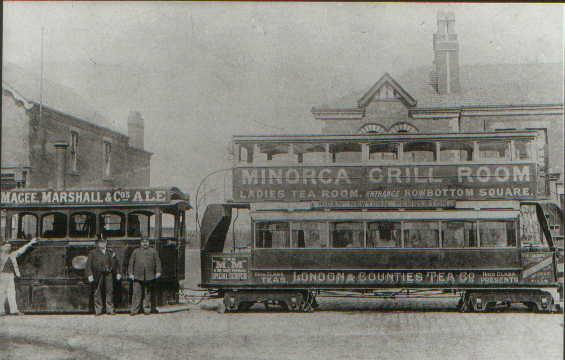 Tram advertising the Minorca, 1890s.