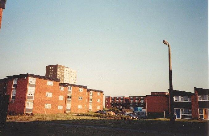 View from Farr close towards Boucher road, Masefield House is the high rise block in the background.