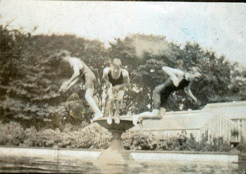 Gardening staff swimming in the lily pond