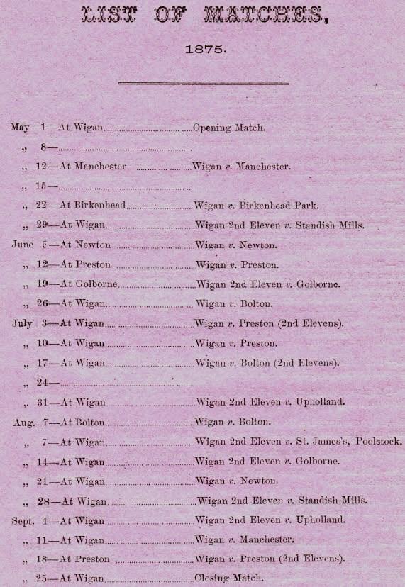 Wigan Cricket Club - 1875 - Fixture List