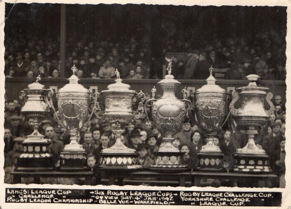 Wakefield and Wigan trophies in January 1947