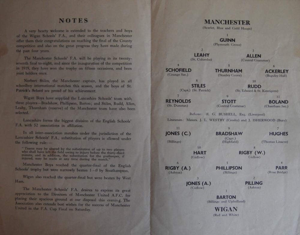 Manchester Boys v Wigan Boys 1957. Inside Pages
