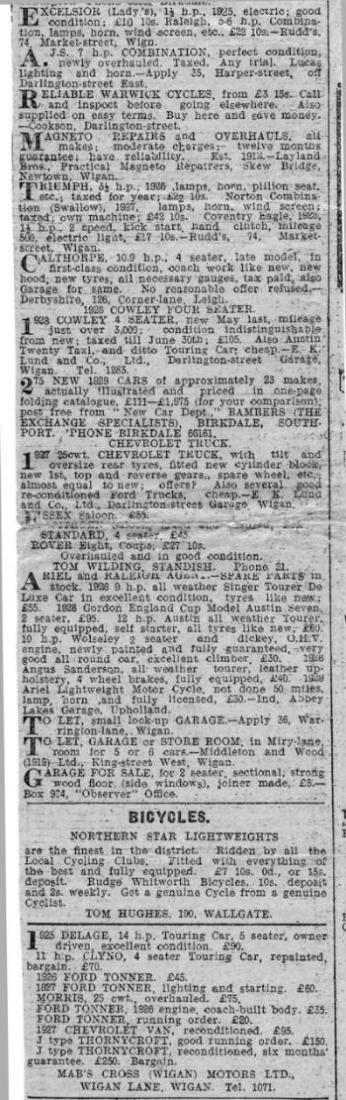 Car ads news cutting, poss Wigan Observer, 1929.