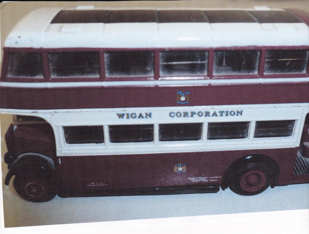 Side view of model of a Wigan Corporation bus,