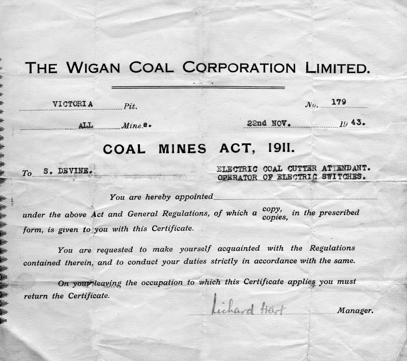 Coal cutter's certificate, Victoria Pit, 1943.