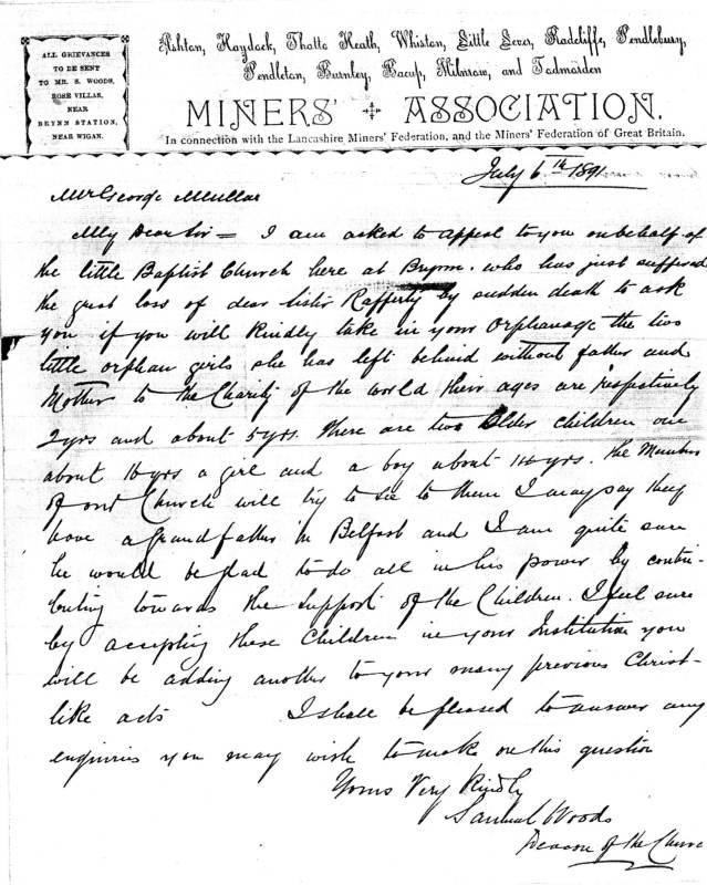 Letter from the Miners Association based at Bryn in the late 1800's.