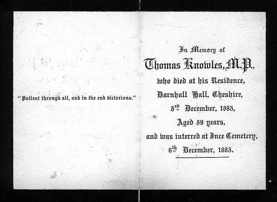 1883 Death Card Thomas Knowles MP