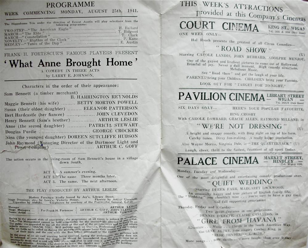 Wigan Hippodrome Programme 1941 List of Actors