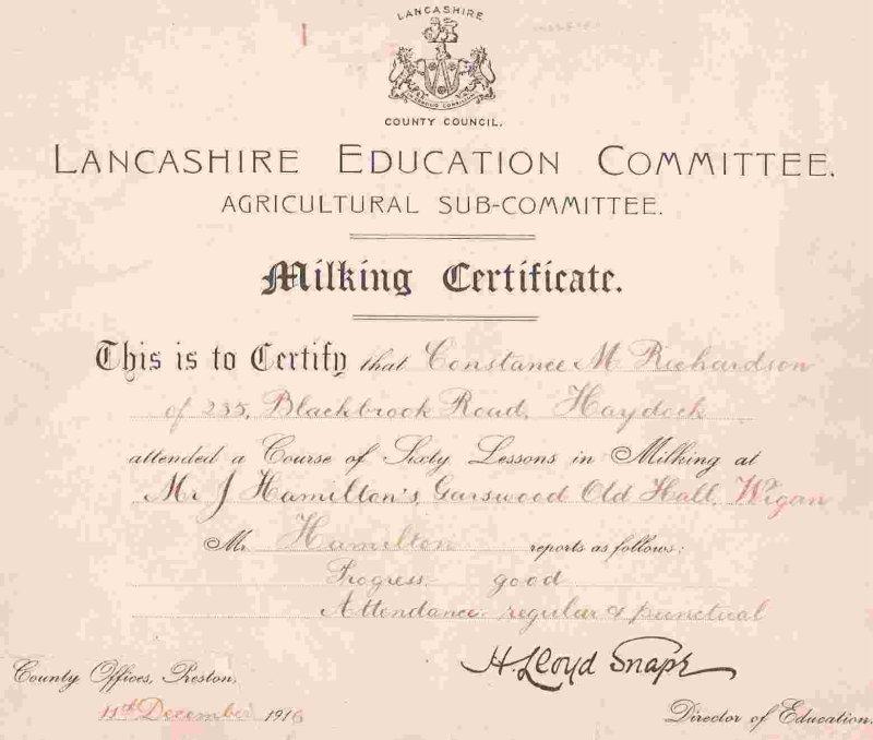 Milking Certificate, 1916.