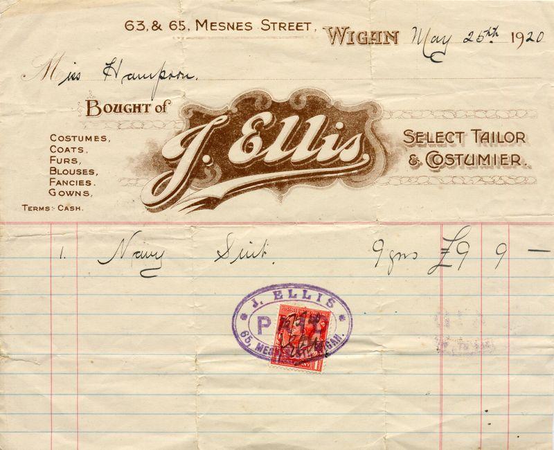 Ellis tailor & costumier receipt, 1921.