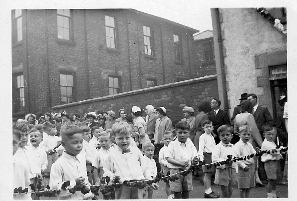 St Catharine's Walking Day circa 1950-1 outside St Catharine's Infants and Junior School in Scholefield Lane  