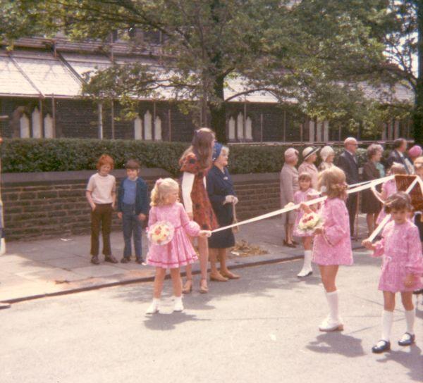 Sunday School walk, outside the church, c1973. Sunday School walk, outside the church, c1973.