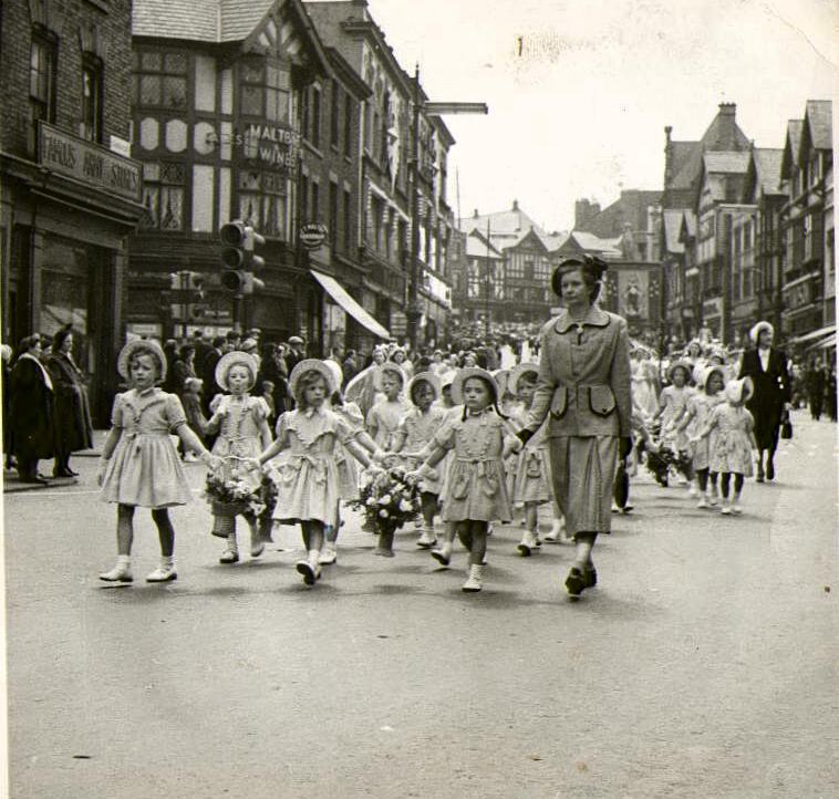 St Mary's Catholic Primary School on the Whit Walks, c1951. St Mary's Catholic Primary School on the Whit Walks, c1951.