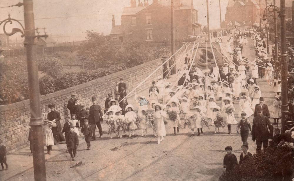 Pre-WW1 Walk, on Warrington Road, passing the Schools.