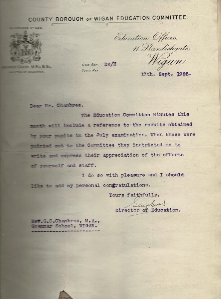 LETTER TO THE HEADMASTER G.C. CHAMBERS 1925 LETTER TO THE HEADMASTER G.C. CHAMBERS 1925