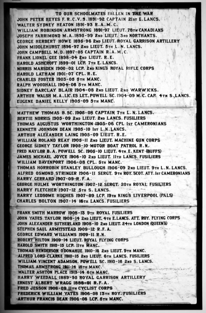 Wigan Grammar School War Memorial 1914 -1918