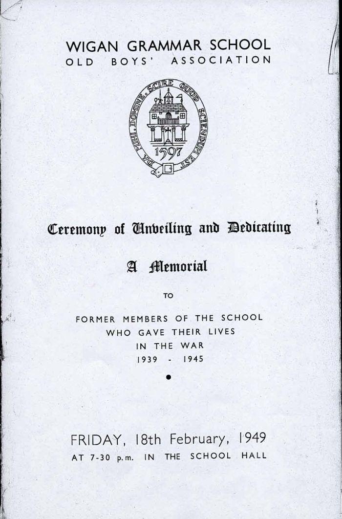 Order of service of a remembrance service for former Wigan Grammar School boys who lost their lives in the 2nd World War. (1 of 2)