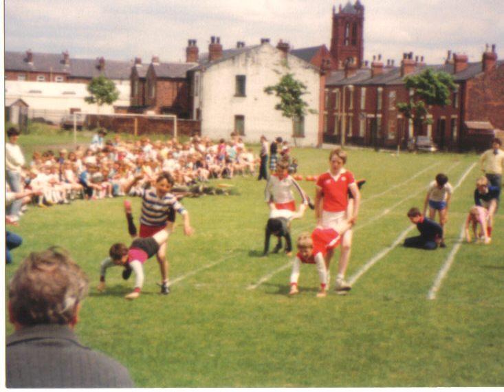 Low Hall sports day  wheel barrow race 1984.