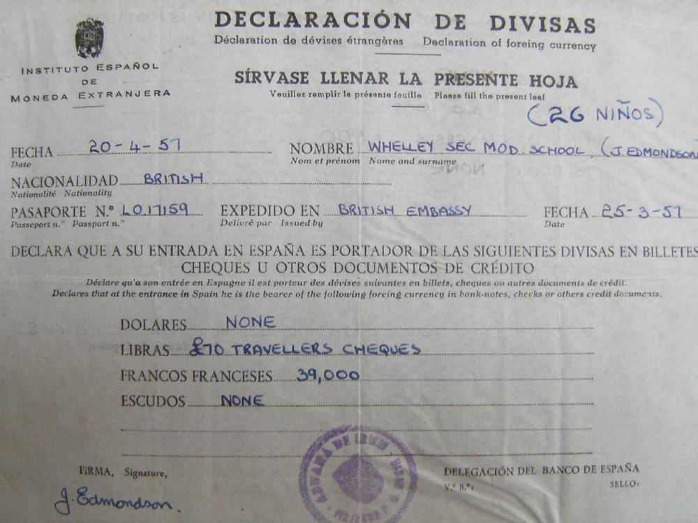 Foreign currency doc., San Sebastian trip, Easter 1957
