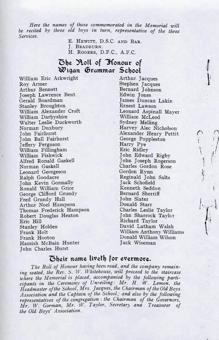 Order of service of a remembrance service for former Wigan Grammar School boys who lost their lives in the 2nd World War. (2 of 2) Order of service of a remembrance service for former Wigan Grammar School boys who lost their lives in the 2nd World War. (2 of 2)