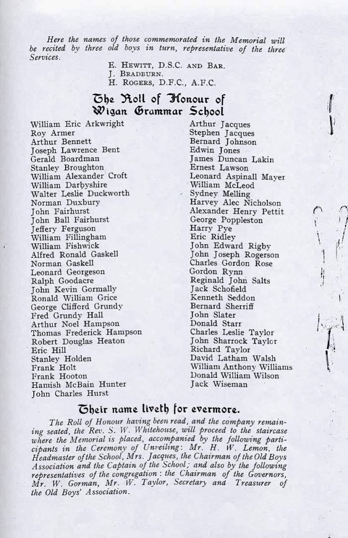 Order of service of a remembrance service for former Wigan Grammar School boys who lost their lives in the 2nd World War. (2 of 2)