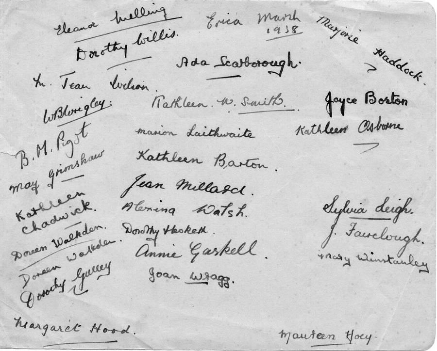 Signatures of Wigan Girls' High School class of 1938. Signatures of Wigan Girls' High School class of 1938.