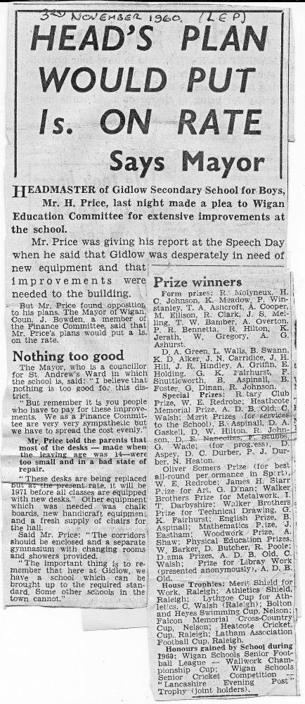 Press cutting 3/11/1960 -Gidlow Boys School Speech Day report.