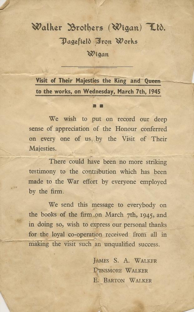 Letter to employees about King and Queens visit 1945