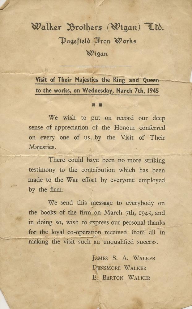 Letter to employees about King and Queens visit 1945