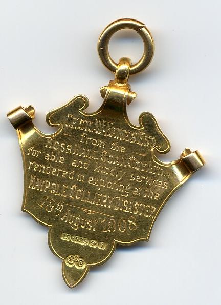 Gold Medal.(Reverse) Maypole Pit Disaster 1908 Gold Medal.(Reverse) Maypole Pit Disaster 1908