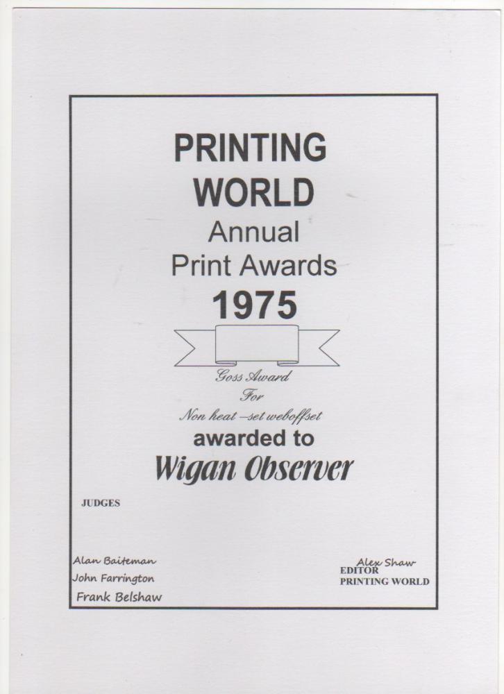 Wigan Observer at Woods Street,  Printing World Awards 1975.