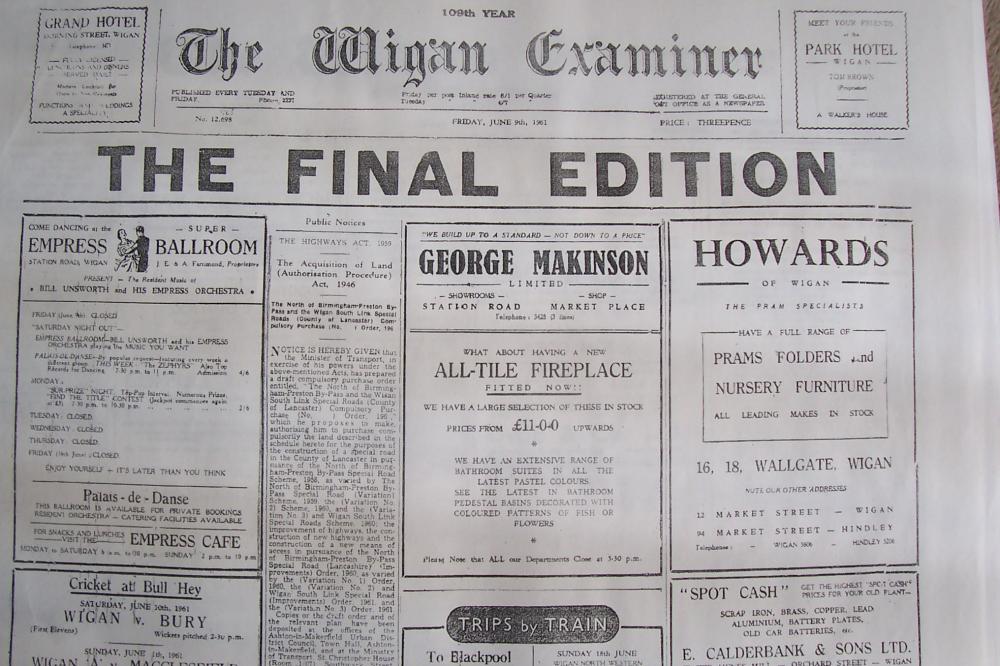 The Final Edition of the Wigan Examiner Newspaper.