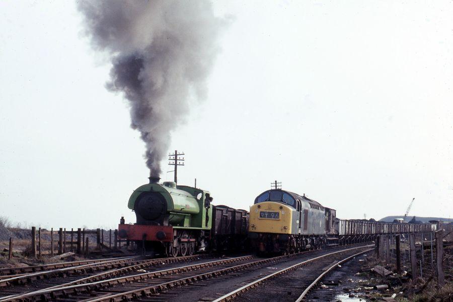 NCB loco 'Huccaine' and BR class 40, Bickershaw, March 1974.