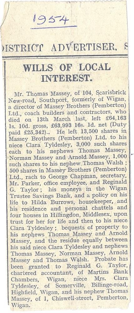 Wills of Local Interest- Mr. Thomas Massey. 1954. Wills of Local Interest- Mr. Thomas Massey. 1954.