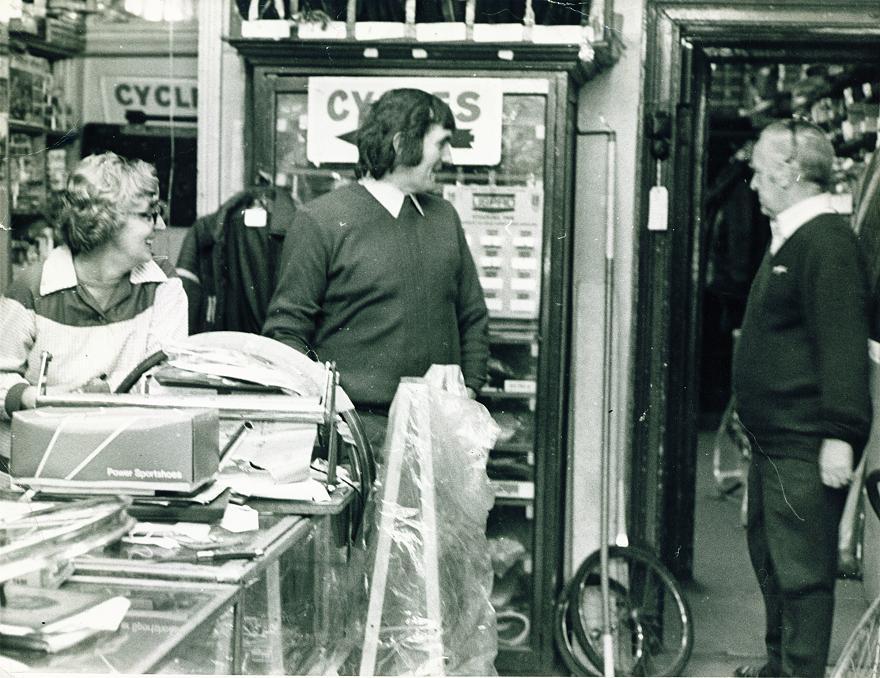 Inside Oliver Somers Cycle Shop, c1975.