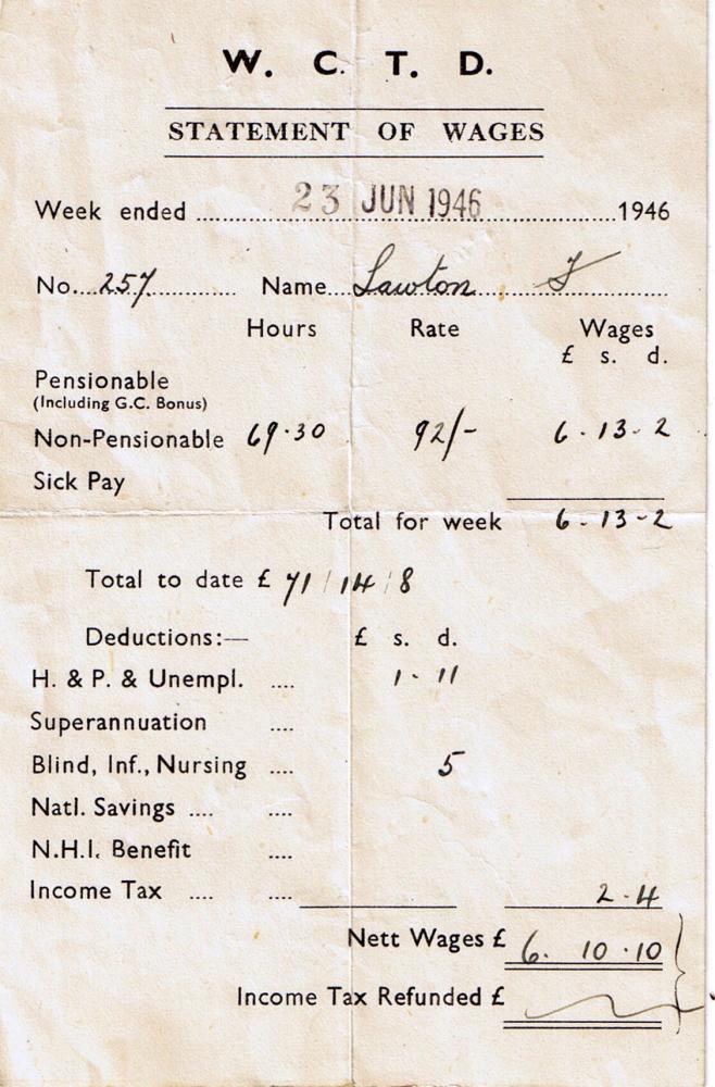 W.C.T.D wage slip from 1946 W.C.T.D wage slip from 1946
