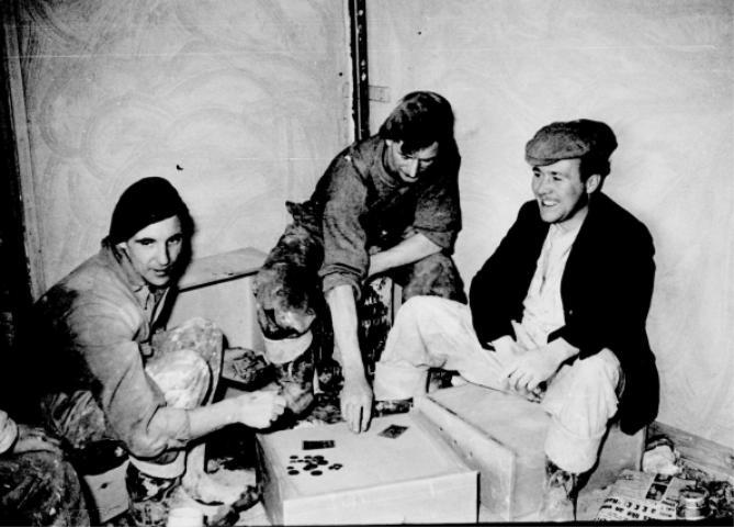 Smithy, Jess, Dick Roughly plastering, c1955. Smithy, Jess, Dick Roughly plastering, c1955.