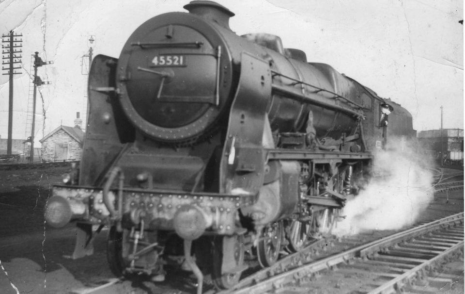 Driver Joe Wright and fireman Colin Hewitt leaving Patricroft shed, 1963.