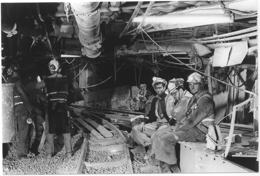 Miners waiting for manrider. Miners waiting for manrider.