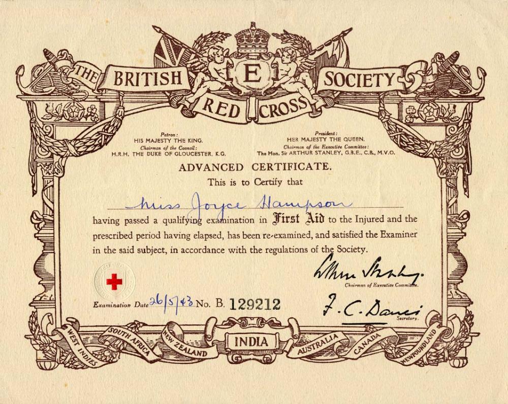26 May 1943 British Red Cross First Aid to the Injured Advanced certificate of Joyce Hampson 26 May 1943 British Red Cross First Aid to the Injured Advanced certificate of Joyce Hampson