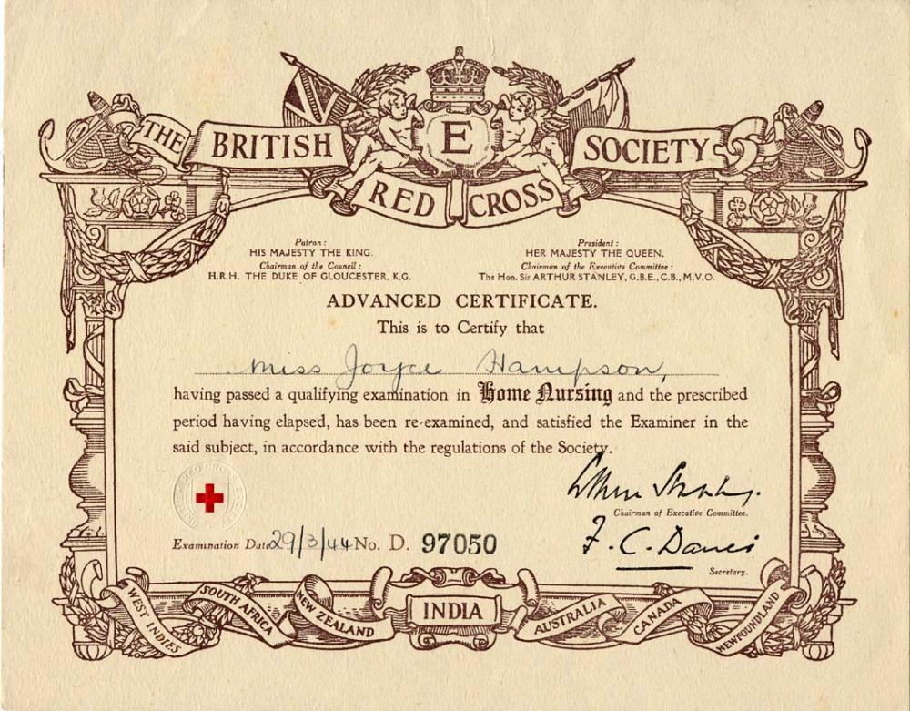 9 March 1944 British Red Cross Home Nursing Advanced certificate of Joyce Hampson 9 March 1944 British Red Cross Home Nursing Advanced certificate of Joyce Hampson