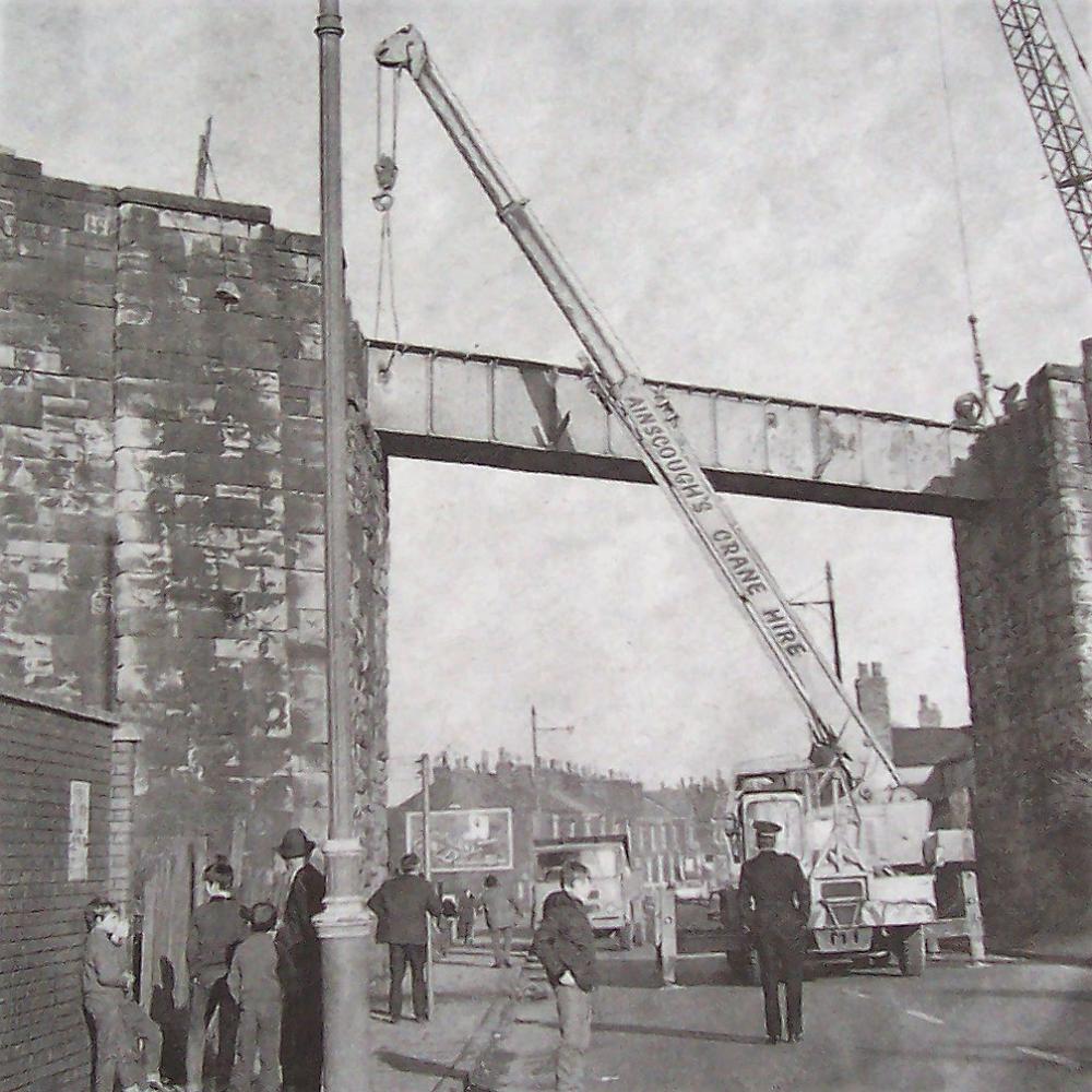 Pemberton loop line bridge demolition 1971 Poolstock Lane. Pemberton loop line bridge demolition 1971 Poolstock Lane.
