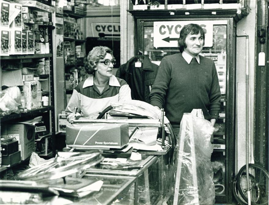 Inside Oliver Somers Cycle Shop, c1975.