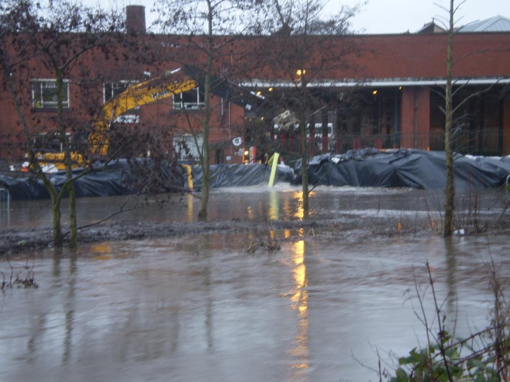 The Floods of 16-01-08.-Melverley Street Bus Depot from the river bank. The Floods of 16-01-08.-Melverley Street Bus Depot from the river bank.