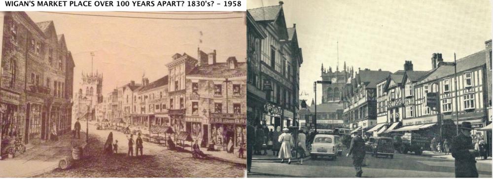 Views of Wigan's Market Place, over 100 years apart. Views of Wigan's Market Place, over 100 years apart.