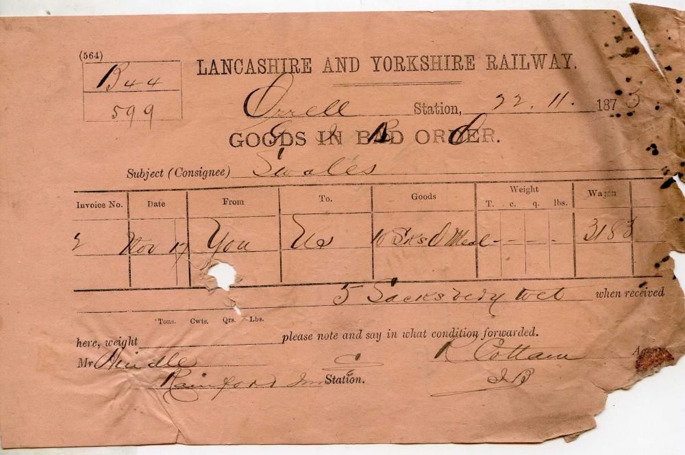 Lancashire & Yorkshire Railway note from Orrell Station 1875 Lancashire & Yorkshire Railway note from Orrell Station 1875