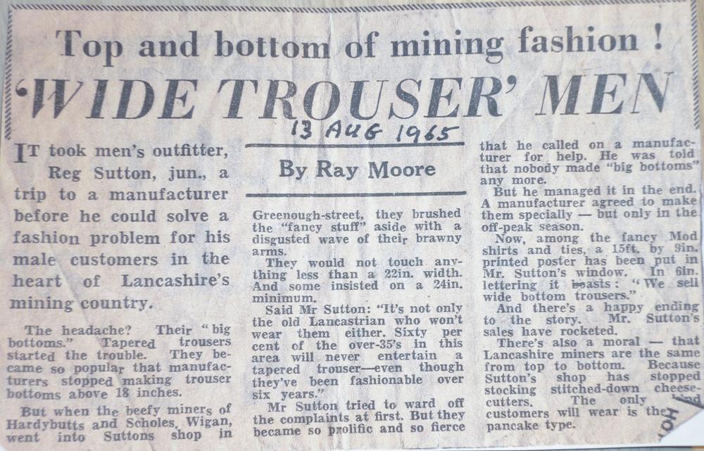 Reg Sutton's Gents Outfitters - Wide Bottom Trousers 1965  Newspaper Article