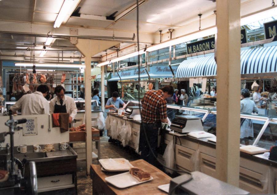 Green's butchers stall, 1982. Green's butchers stall, 1982.